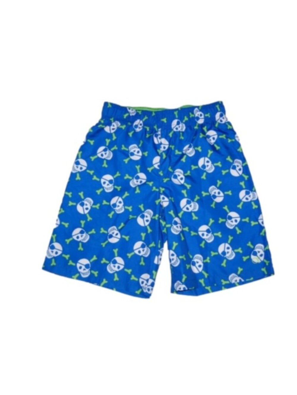 OP Ocean Pacific Boys Swim Trunks Blue/Lime Green Pirate Jolly Roger, 10/12